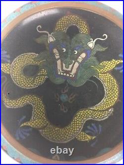 Black Chinese Cloisonne Bowl Of Dragons Chasing The Flaming Pearl