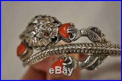 Bracelet Ancien Argent Massif Corail Antique Chinese Dragon Coral Solid Silver