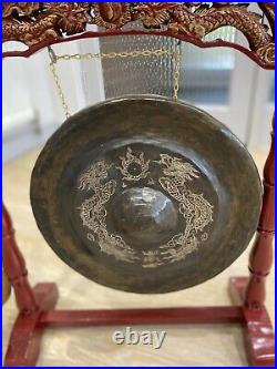 Brass Dinner Gong Chinese Dragons Freestanding Leather Striker Antique Vintage