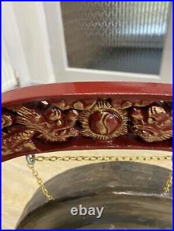 Brass Dinner Gong Chinese Dragons Freestanding Leather Striker Antique Vintage