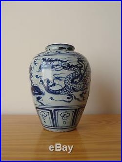 C. 16th- Antique Chinese Ming Blue And White Porcelain Dragon Pot Vase Tian