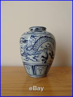 C. 16th- Antique Chinese Ming Blue And White Porcelain Dragon Pot Vase Tian