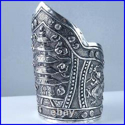 C1920 Antique Chinese silver cuff bracelet Repousse Dragon and Pagoda