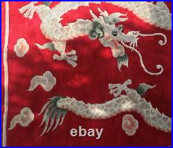 C1930s red REPUBLICAN export CHINESE TWO DRAGONS chasing FLAMING PEARLS RUG