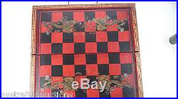 CHESS SET DRAGON ANTIQUE STYLE CHINESE CHARACTERS LEATHER BOUND ROSEWOOD CASE