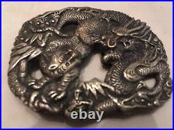 CHINESE BELT BUCKLE-Early 20th Century Chinese 900 Silver Tiger & Dragon, Signed