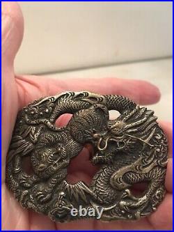 CHINESE BELT BUCKLE-Early 20th Century Chinese 900 Silver Tiger & Dragon, Signed