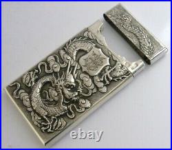 CHINESE EXPORT SOLID SILVER DRAGON CARD CASE c1900 ANTIQUE