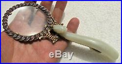 CINA (China) Old Chinese magnifying glass with white jade dragon belt hook