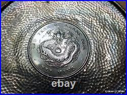 Chihli Chinese Silver Dollar Dragon 1903 Coin framed in Chinese White Metal Dish