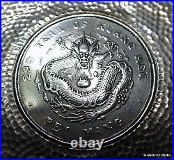 Chihli Chinese Silver Dollar Dragon 1903 Coin framed in Chinese White Metal Dish