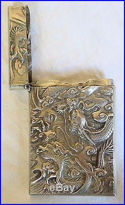 Chinese. 900 Silver Repousse Cigarette Case Dragon Serpent Vtg Old Antique