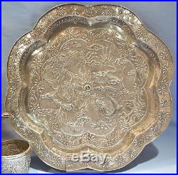 Chinese 900 Silver Repousse Tea Set Pot Cups Tray Dragon Bamboo Motif Circa 1920