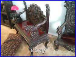 Chinese Antique 2 Pc. Mahogany dragon Carved Parlor settee Suanzhi style THRONE