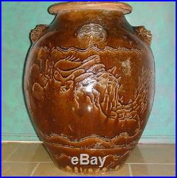 Chinese Antique Ceramic Pottery Huge Dark Brown Glazed Jar Dragon & 5 Foo Dogs