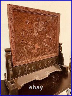Chinese Antique Cinnabar Table Screen Carved Sea And Dragon