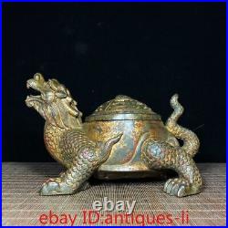 Chinese Antique Copper Clay Gold Bagua Dragon Turtle Incense Burner