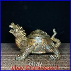 Chinese Antique Copper Clay Gold Bagua Dragon Turtle Incense Burner