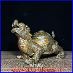 Chinese Antique Copper Clay Gold Bagua Dragon Turtle Incense Burner