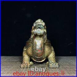 Chinese Antique Copper Clay Gold Bagua Dragon Turtle Incense Burner