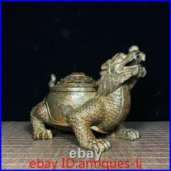 Chinese Antique Copper Clay Gold Bagua Dragon Turtle Incense Burner