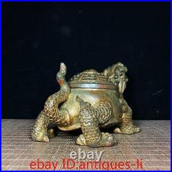 Chinese Antique Copper Clay Gold Bagua Dragon Turtle Incense Burner