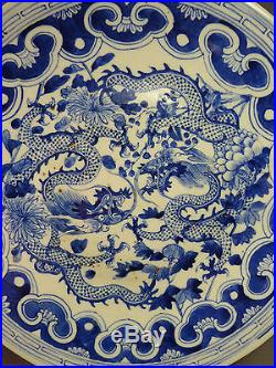 Chinese Antique Dueling Dragons Blue & White Large Charger Plate 19th century