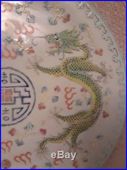 Chinese Antique Famille Rose Plate with 2 Dragons Chasing Balls