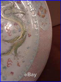Chinese Antique Famille Rose Plate with 2 Dragons Chasing Balls