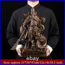 Chinese Antique Fengshui Fighting GuanGong Yu Warrior God Stand on Dragon Statue