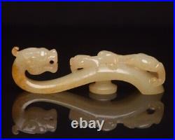 Chinese Antique Han Dynasty Hetian Ancient Jade Carved Dragon Jade Belt Hook