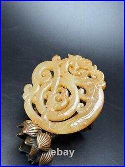 Chinese Antique Han Dynasty Hetian Jade Carved Dragon Phoenix Jade Bi Pendants