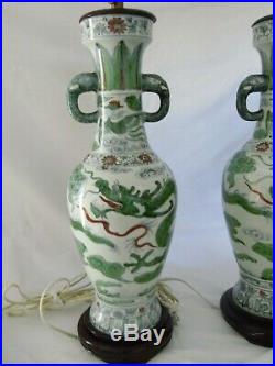 Chinese Antique Hand Painted Green Dragon Elephant Handles Set of 2 Table Lamps