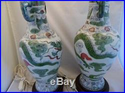 Chinese Antique Hand Painted Green Dragon Elephant Handles Set of 2 Table Lamps