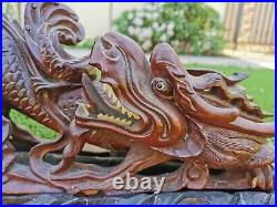 Chinese Antique Hand carved wood double dragon playing pearl