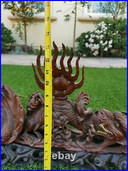 Chinese Antique Hand carved wood double dragon playing pearl