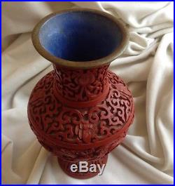 Chinese Antique Handmade Copper Cinnabar Dragon Ball Lacquer Vase Box Raised Art