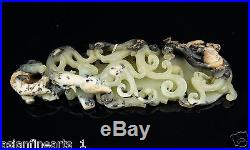 Chinese Antique Old Green Jade Ruyi and Dragon Carving with Natural Jade Skin #431