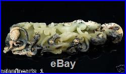 Chinese Antique Old Green Jade Ruyi and Dragon Carving with Natural Jade Skin #431