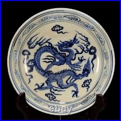 Chinese Antique Oriental Dragon-Cloud Porcelain Blue-White Plate Ming-Dynasty