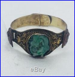 Chinese Antique Ornate Sterling Silver Carved Green Jade Dragon Bracelet