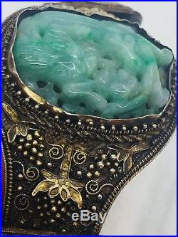 Chinese Antique Ornate Sterling Silver Carved Green Jade Dragon Bracelet