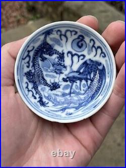 Chinese Antique Porcelain Dish Plate Qing Kangxi Mark Dragon Blue And White