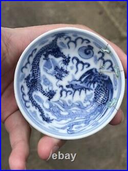 Chinese Antique Porcelain Dish Plate Qing Kangxi Mark Dragon Blue And White
