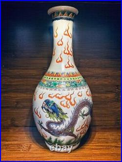 Chinese Antique Porcelain Familie Verte Vase With Dragons Kangxi Mark 19th C