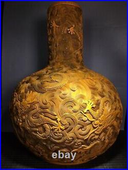 Chinese Antique Qing Dynasty Qianlong Mark Lacquerware Carved Dragon Vases