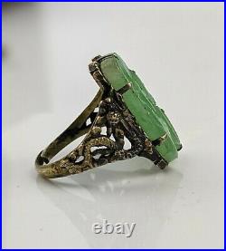 Chinese Antique Qing/ Republic Celadon Jade & Silver Gilt Dragon Ring Adjustable