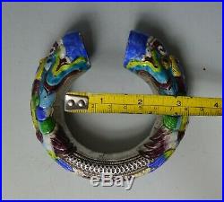 Chinese Antique Silver Tribal Enamel Dragon Bracelet Yunnan