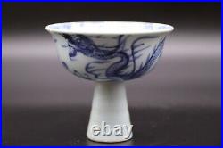 Chinese Antique Small Blue and White Porcelain Stem Cup with Dragon