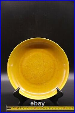 Chinese Antique Vintage Yellow Glaze Craved Dragon Porcelain Plate